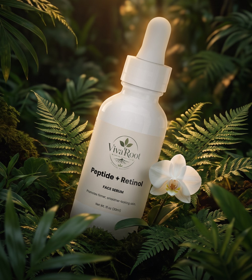 Vivaroot Peptide Face Serum in botanical setting