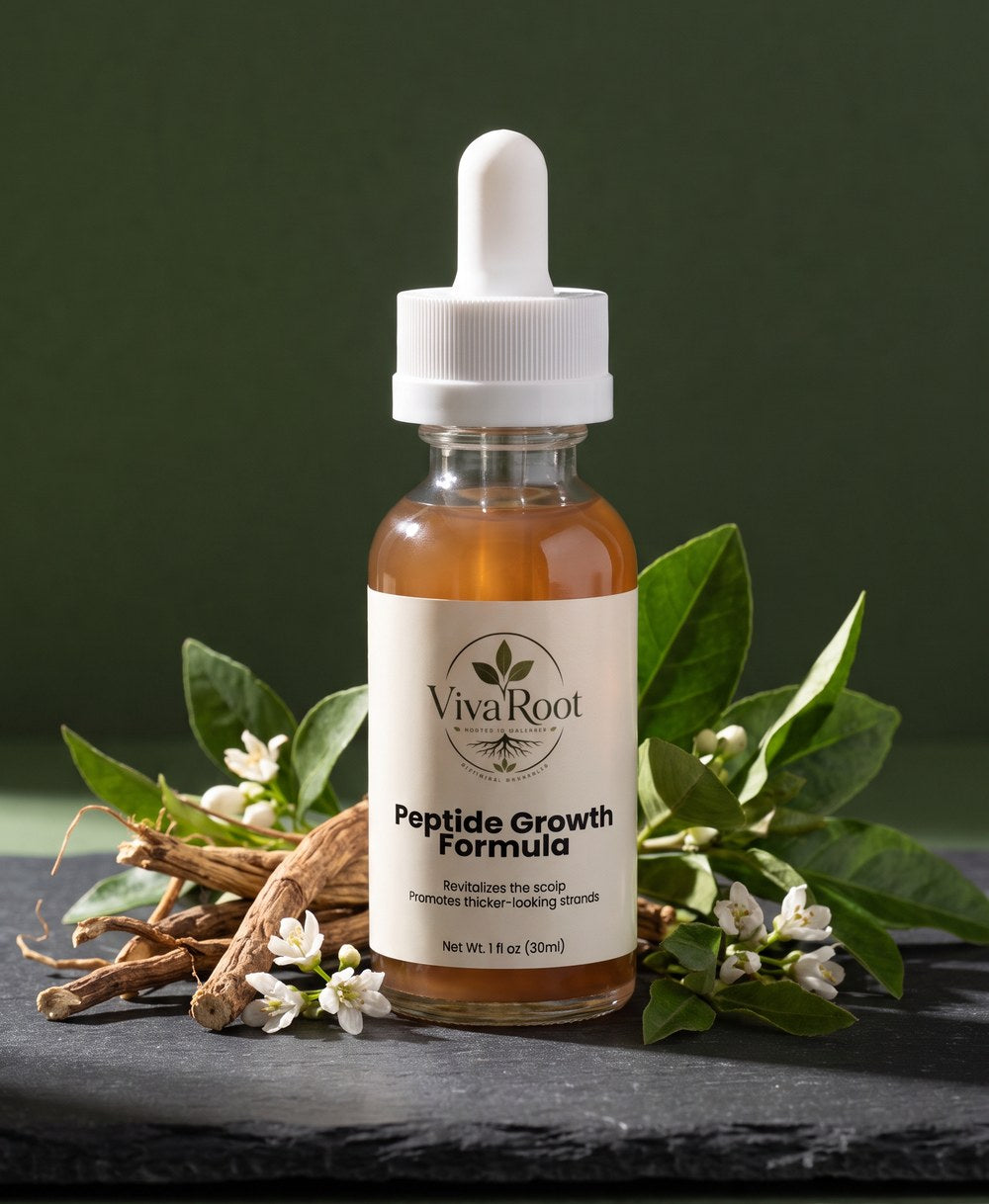 Vivaroot Peptide Hair Serum in botanical setting